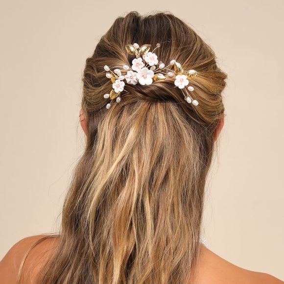 Lulus gold and white 5 piece floral hair pin set - Picture 2 of 4